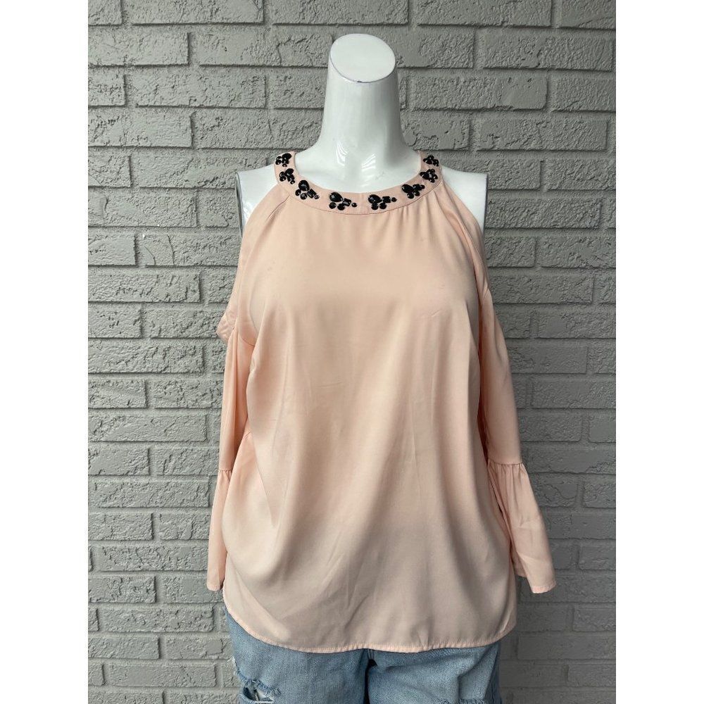 7th Avenue New York Rhinestone Neckline Cold Shoulder Blouse Size XS